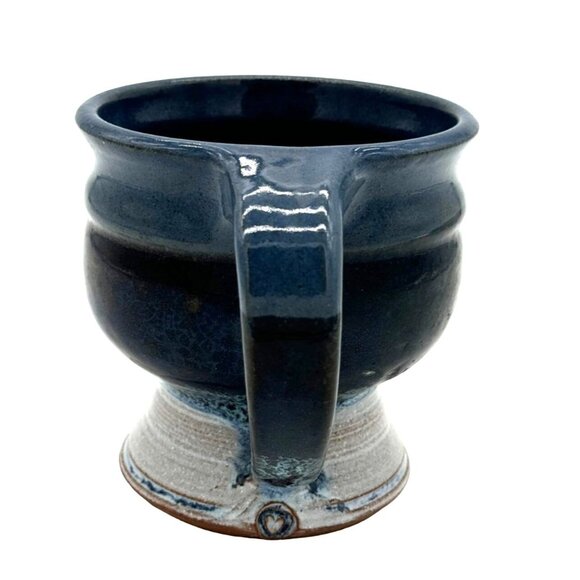 Signed Studio Pottery Footed Mug Cup Blue Glazed Red Clay 4"H x 4"Diam - Picture 3 of 8